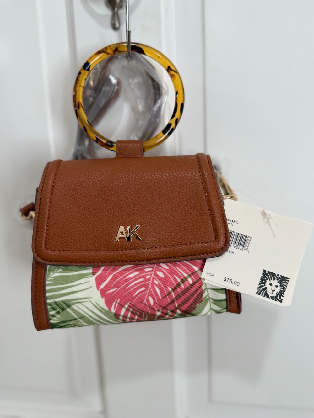 Anne Klein Brown Crossbody with Pink & Green Tropical Panel
